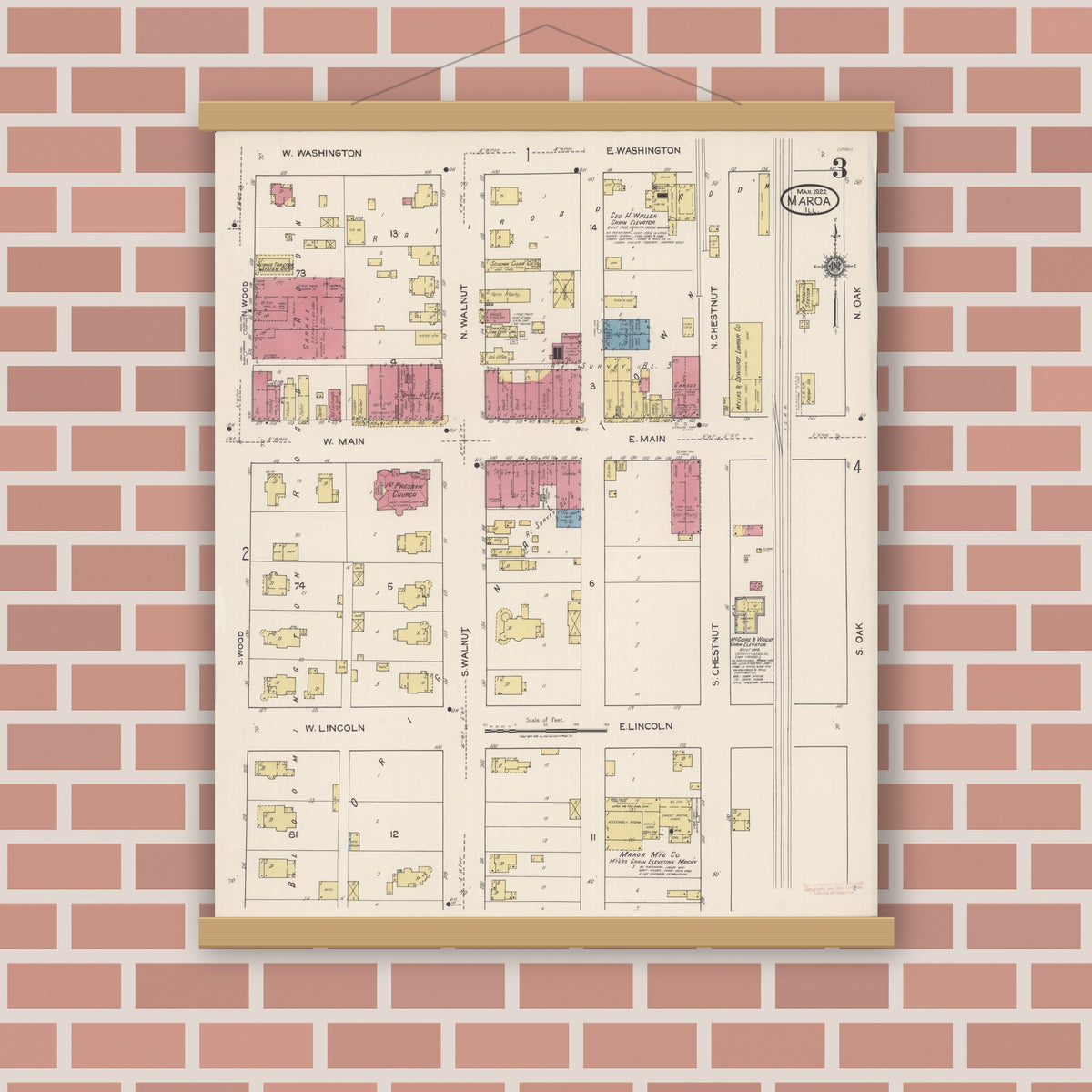 Old map wall art mockup — magnetic wood frame on brick wall — Sanborn Fire Insurance Map from Maroa, Macon County, Illinois (1922), Sheet #0003