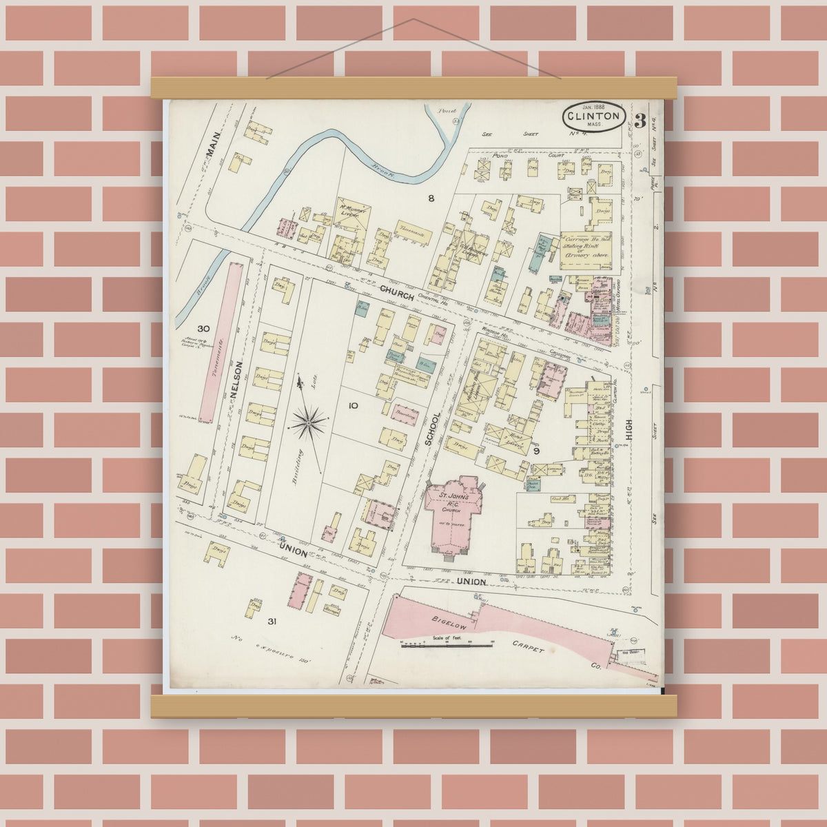 Old map wall art mockup — magnetic wood frame on brick wall — Sanborn Fire Insurance Map from Clinton, Worcester County, Massachusetts (1888), Sheet #0003