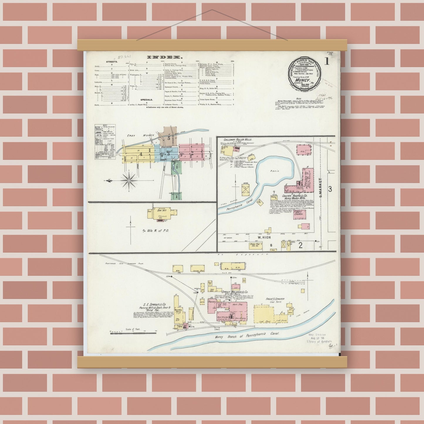 Old map wall art mockup — magnetic wood frame on brick wall — Sanborn Fire Insurance Map from Muncy, Lycoming County, Pennsylvania (1896) - Complete Map Set