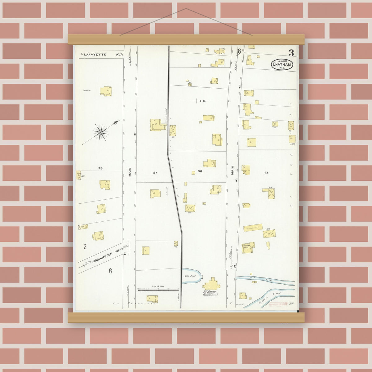 Old map wall art mockup — magnetic wood frame on brick wall — Sanborn Fire Insurance Map from Chatham, Morris County, New Jersey (1909), Sheet #0003
