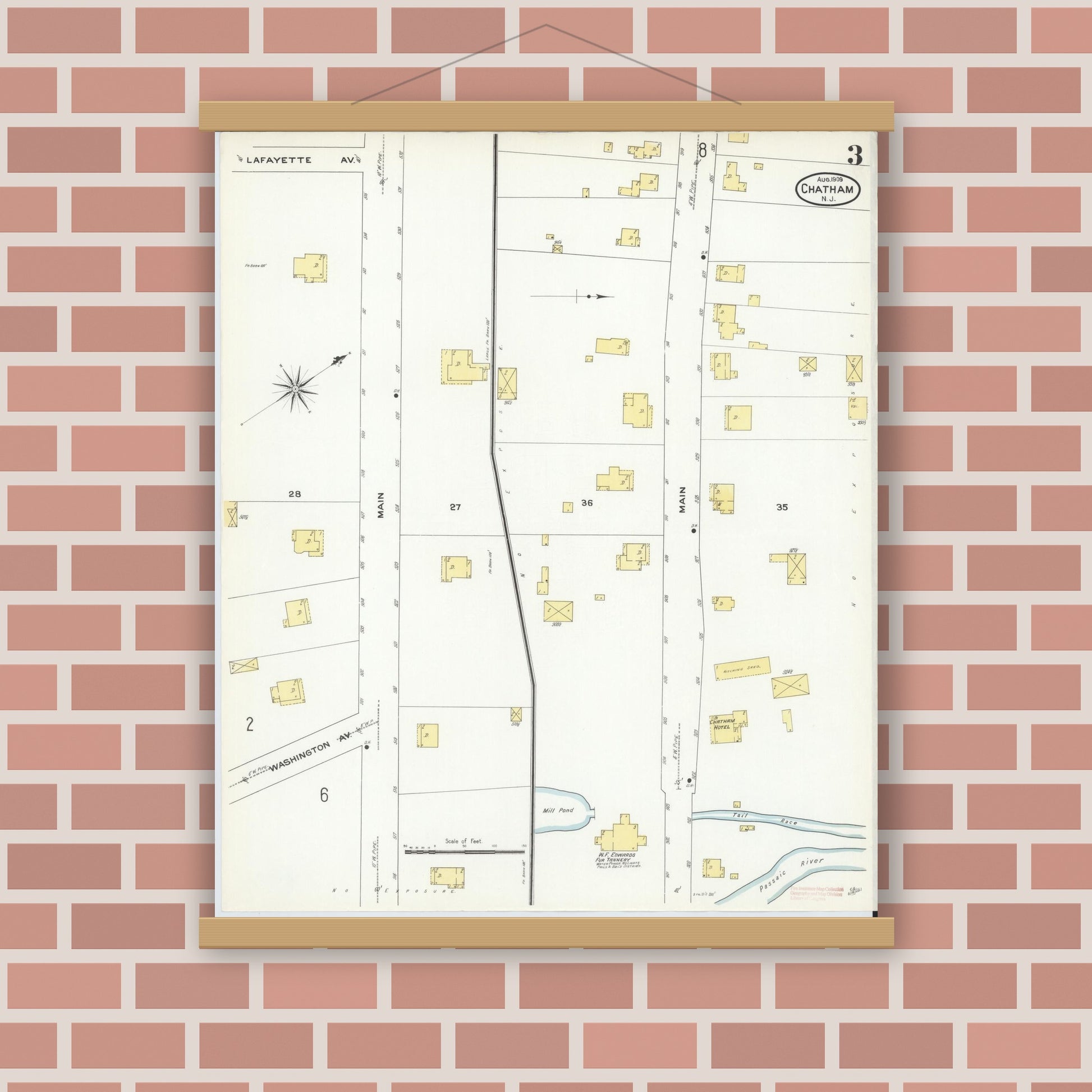 Old map wall art mockup — magnetic wood frame on brick wall — Sanborn Fire Insurance Map from Chatham, Morris County, New Jersey (1909), Sheet #0003