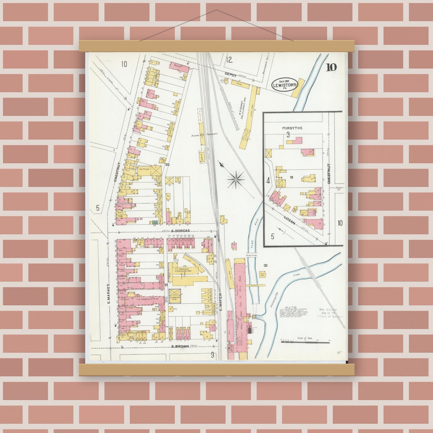 Old map wall art mockup — magnetic wood frame on brick wall — Sanborn Fire Insurance Map from Lewistown, Mifflin County, Pennsylvania (1904), Sheet #0010