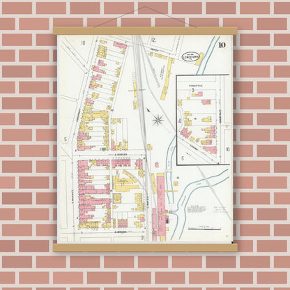 Old map wall art mockup — magnetic wood frame on brick wall — Sanborn Fire Insurance Map from Lewistown, Mifflin County, Pennsylvania (1904), Sheet #0010