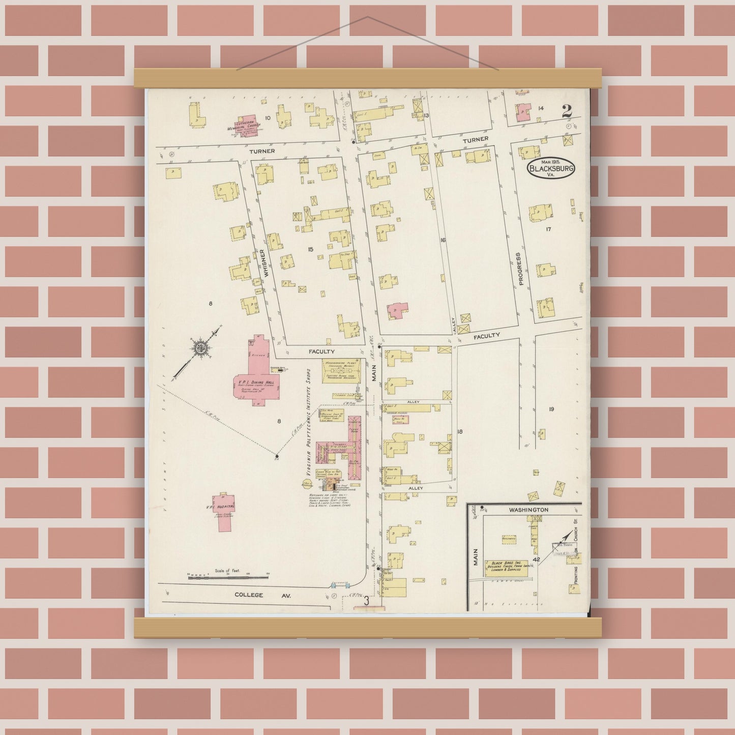 Old map wall art mockup — magnetic wood frame on brick wall — Sanborn Fire Insurance Map from Blacksburg, Montgomery County, Virginia (1915), Sheet #0002