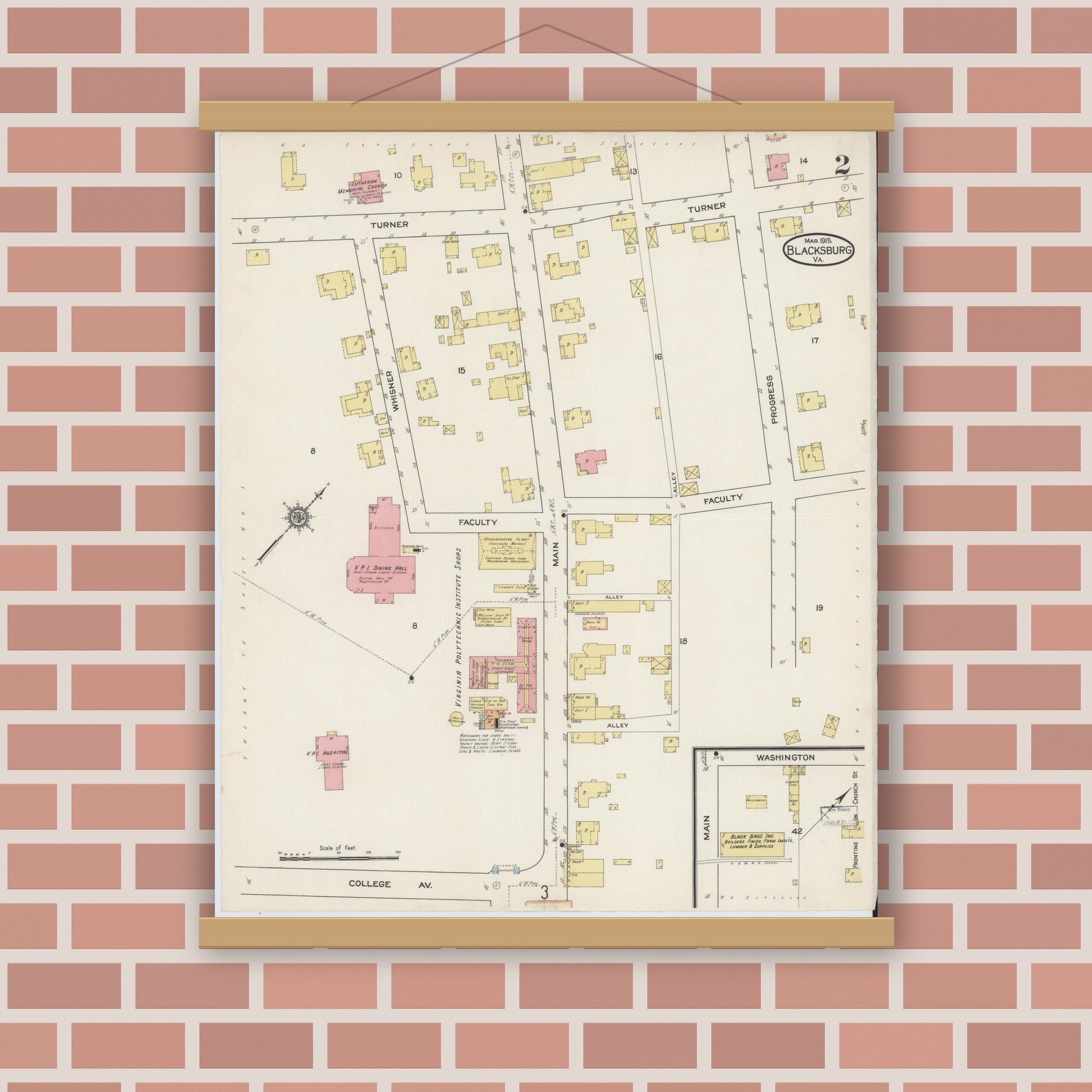 Old map wall art mockup — magnetic wood frame on brick wall — Sanborn Fire Insurance Map from Blacksburg, Montgomery County, Virginia (1915), Sheet #0002