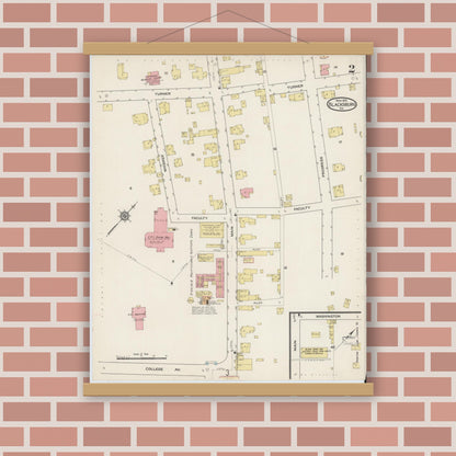 Old map wall art mockup — magnetic wood frame on brick wall — Sanborn Fire Insurance Map from Blacksburg, Montgomery County, Virginia (1915), Sheet #0002