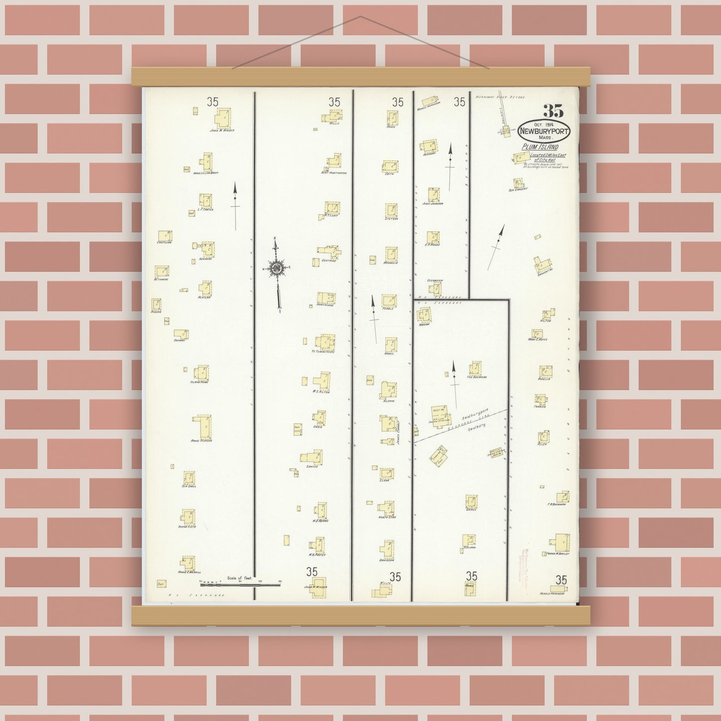 Old map wall art mockup — magnetic wood frame on brick wall — Sanborn Fire Insurance Map from Newburyport, Essex County, Massachusetts (1914), Sheet #0035