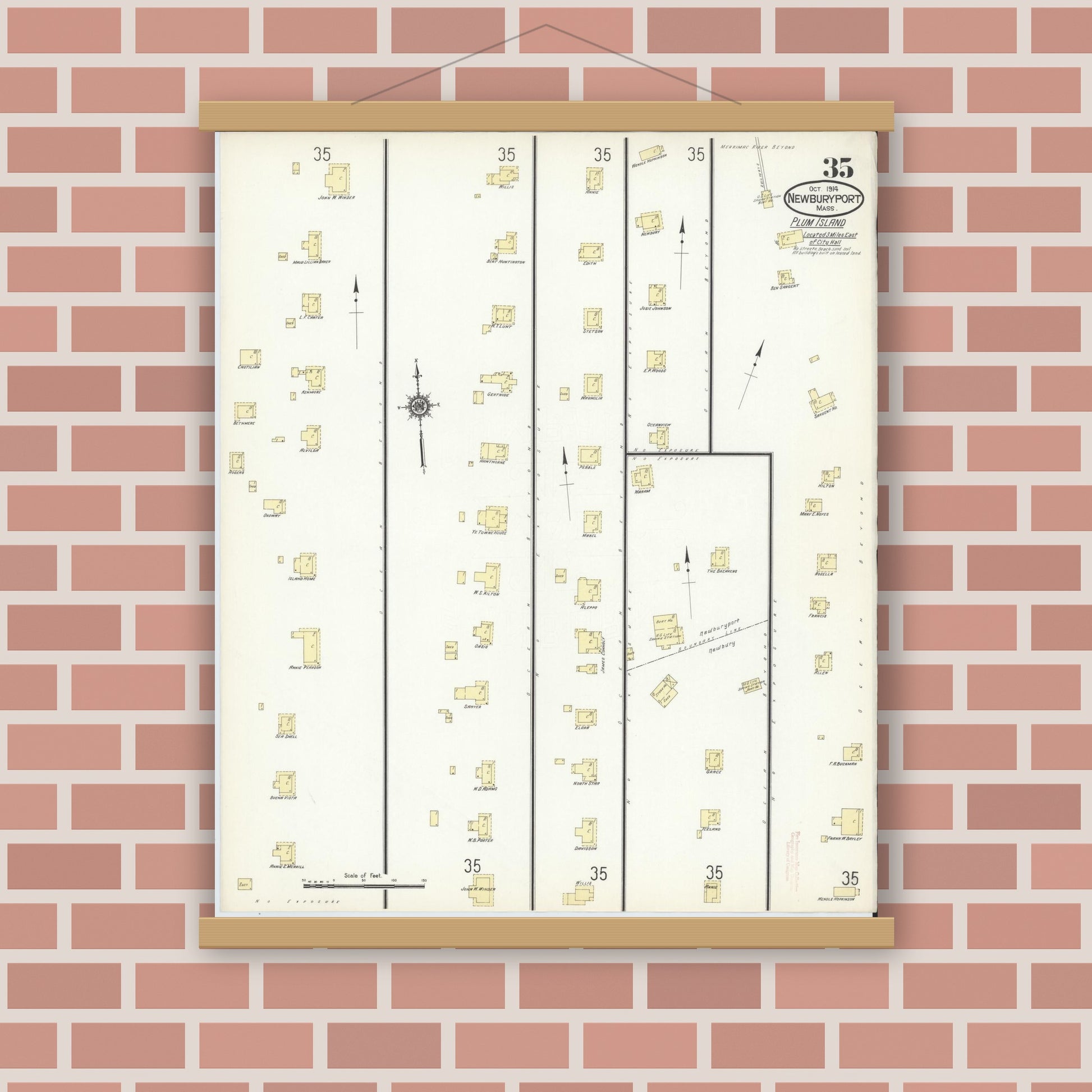 Old map wall art mockup — magnetic wood frame on brick wall — Sanborn Fire Insurance Map from Newburyport, Essex County, Massachusetts (1914), Sheet #0035