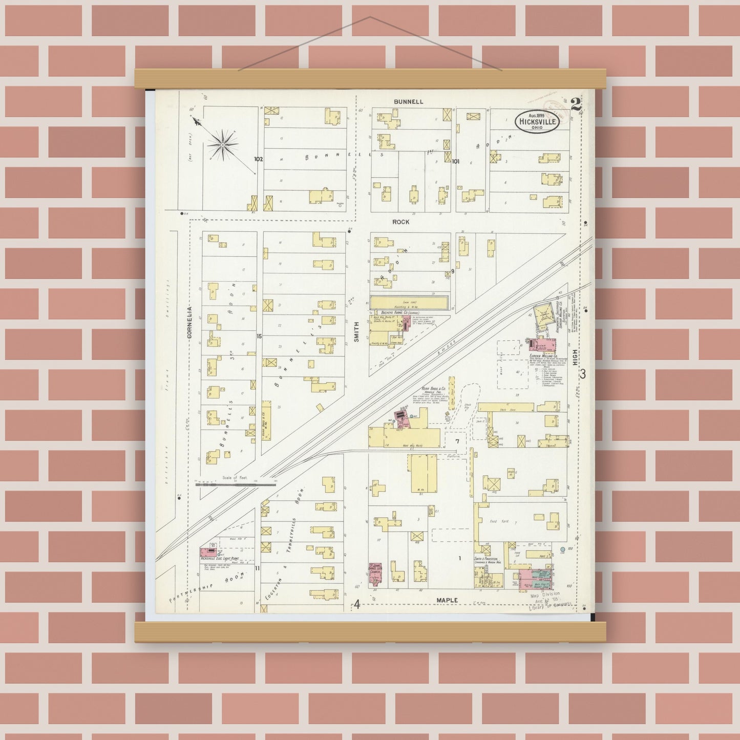 Old map wall art mockup — magnetic wood frame on brick wall — Sanborn Fire Insurance Map from Hicksville, Defiance County, Ohio (1899), Sheet #0002