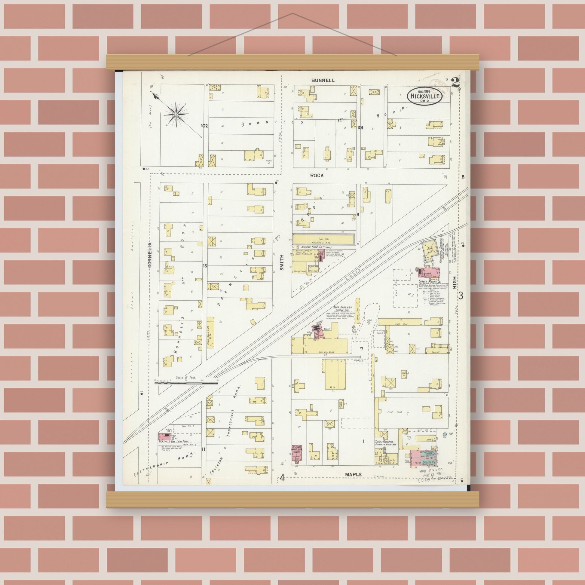 Old map wall art mockup — magnetic wood frame on brick wall — Sanborn Fire Insurance Map from Hicksville, Defiance County, Ohio (1899), Sheet #0002