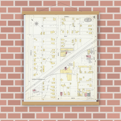 Old map wall art mockup — magnetic wood frame on brick wall — Sanborn Fire Insurance Map from Hicksville, Defiance County, Ohio (1899), Sheet #0002