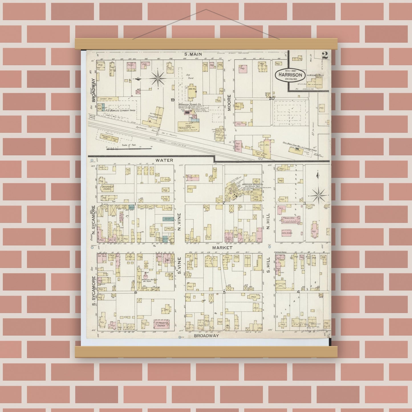 Old map wall art mockup — magnetic wood frame on brick wall — Sanborn Fire Insurance Map from Harrison, Hamilton County, Ohio (1887), Sheet #0002