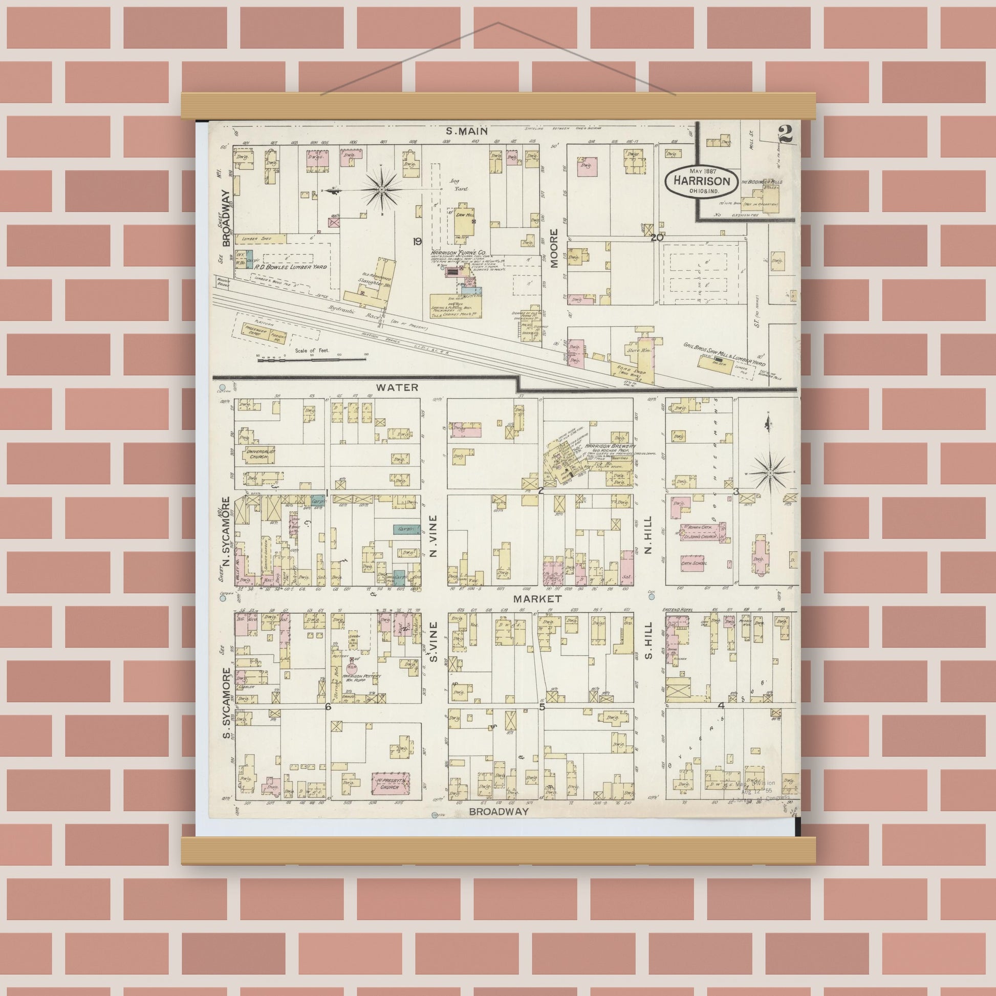 Old map wall art mockup — magnetic wood frame on brick wall — Sanborn Fire Insurance Map from Harrison, Hamilton County, Ohio (1887), Sheet #0002