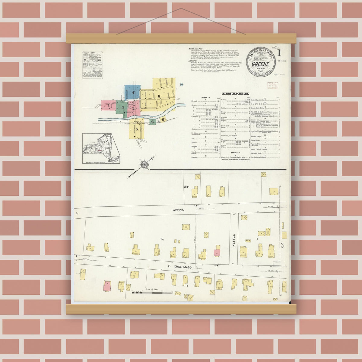 Old map wall art mockup — magnetic wood frame on brick wall — Sanborn Fire Insurance Map from Greene, Chenango County, New York (1915) - Complete Map Set
