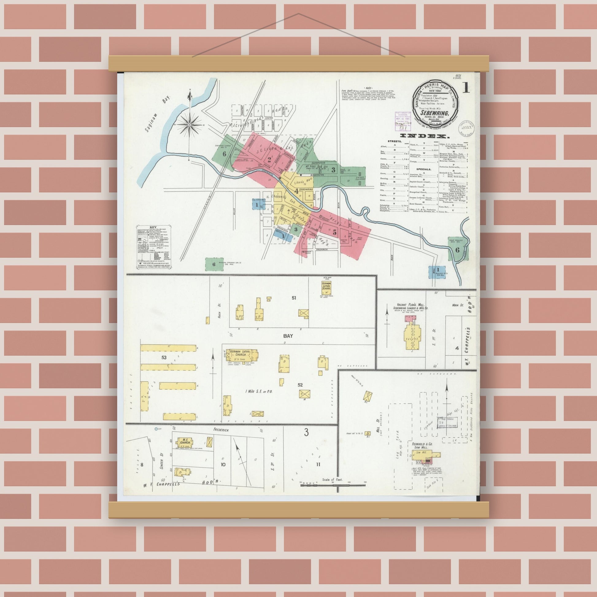 Old map wall art mockup — magnetic wood frame on brick wall — Sanborn Fire Insurance Map from Sebewaing, Huron County, Michigan (1901) - Complete Map Set