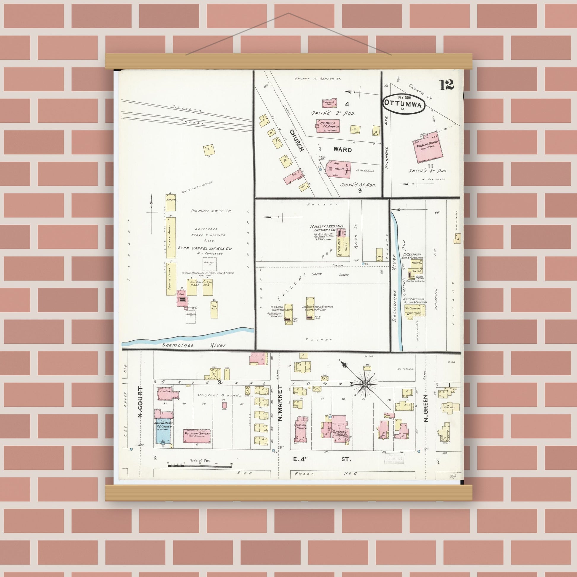 Old map wall art mockup — magnetic wood frame on brick wall — Sanborn Fire Insurance Map from Ottumwa, Wapello County, Iowa (1891), Sheet #0012
