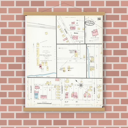 Old map wall art mockup — magnetic wood frame on brick wall — Sanborn Fire Insurance Map from Ottumwa, Wapello County, Iowa (1891), Sheet #0012