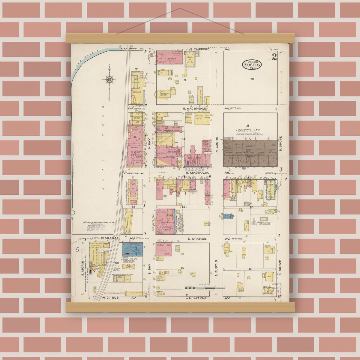 Old map wall art mockup — magnetic wood frame on brick wall — Sanborn Fire Insurance Map from Eustis, Lake County, Florida (1922), Sheet #0002