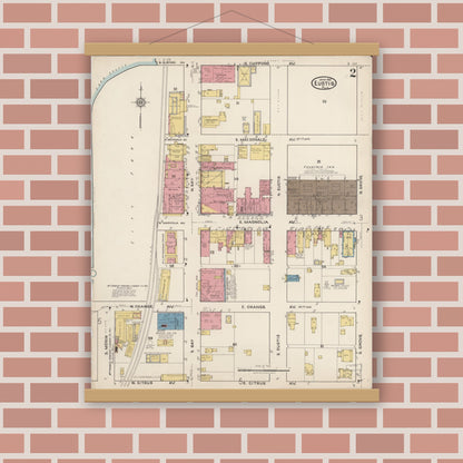 Old map wall art mockup — magnetic wood frame on brick wall — Sanborn Fire Insurance Map from Eustis, Lake County, Florida (1922), Sheet #0002
