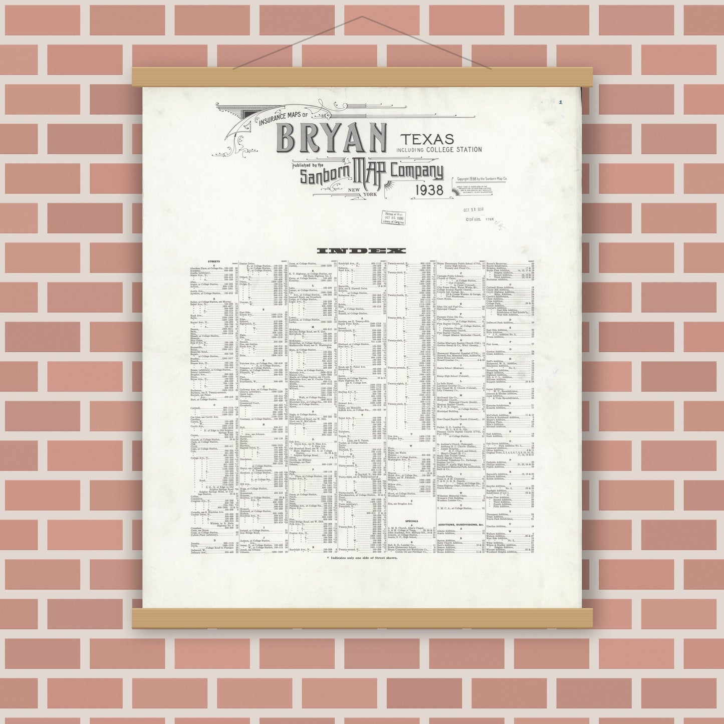 Old map wall art mockup — magnetic wood frame on brick wall — Sanborn Fire Insurance Map from Bryan, Brazos County, Texas (1938), Sheet #0001