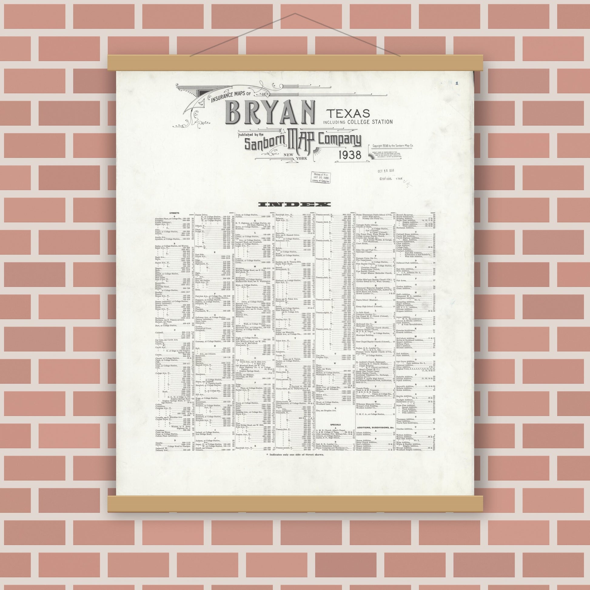 Old map wall art mockup — magnetic wood frame on brick wall — Sanborn Fire Insurance Map from Bryan, Brazos County, Texas (1938), Sheet #0001