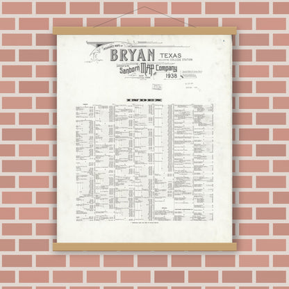 Old map wall art mockup — magnetic wood frame on brick wall — Sanborn Fire Insurance Map from Bryan, Brazos County, Texas (1938), Sheet #0001