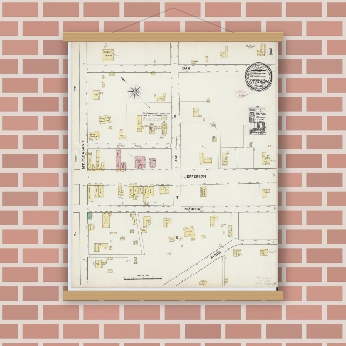 Old map wall art mockup — magnetic wood frame on brick wall — Sanborn Fire Insurance Map from Pittsburg, Camp County, Texas (1891), Sheet #0001