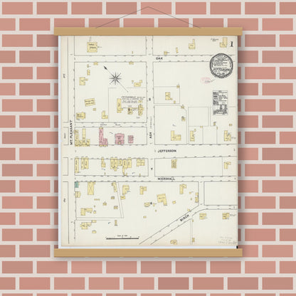 Old map wall art mockup — magnetic wood frame on brick wall — Sanborn Fire Insurance Map from Pittsburg, Camp County, Texas (1891), Sheet #0001