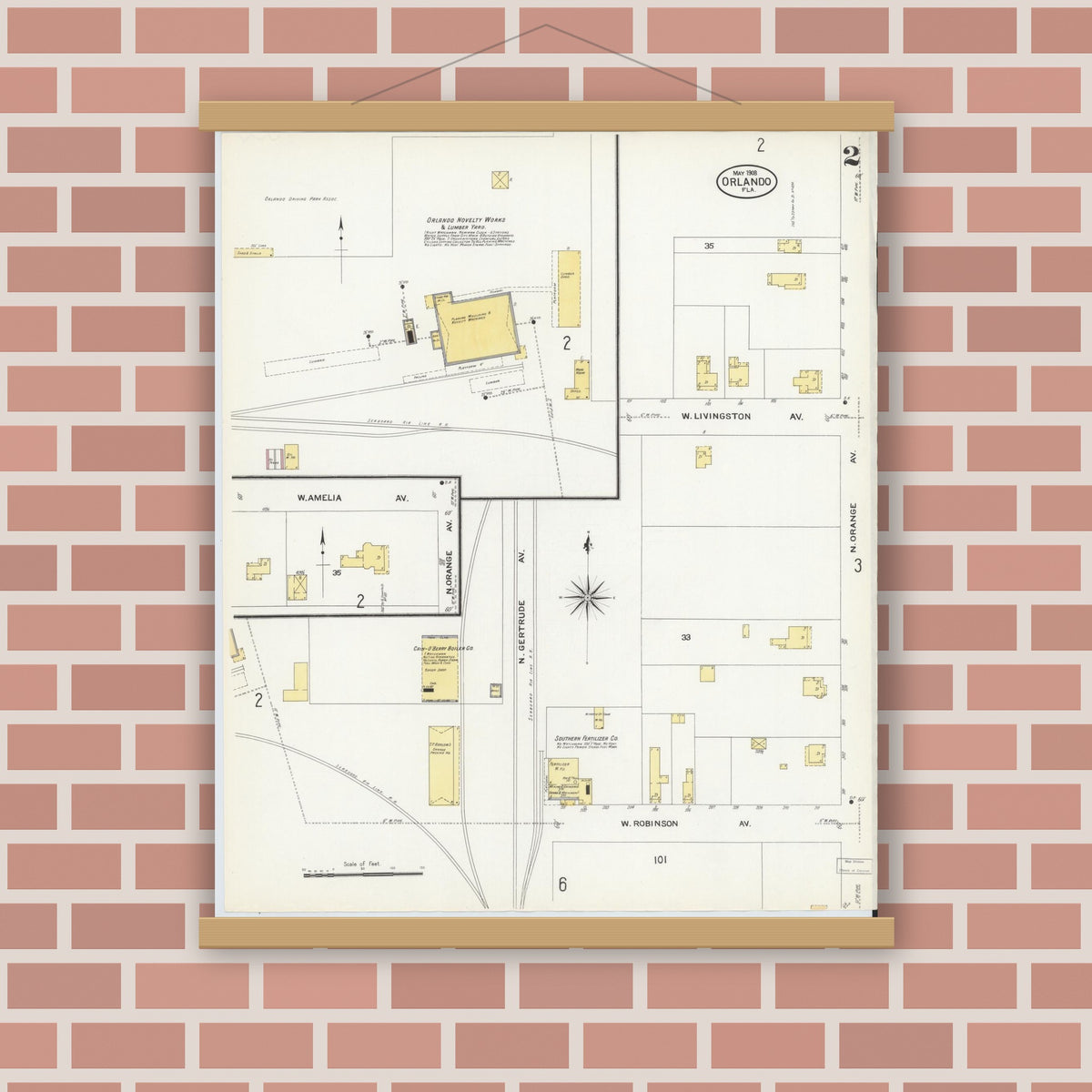Old map wall art mockup — magnetic wood frame on brick wall — Sanborn Fire Insurance Map from Orlando, Orange County, Florida (1908), Sheet #0002