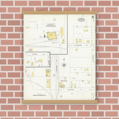 Old map wall art mockup — magnetic wood frame on brick wall — Sanborn Fire Insurance Map from Orlando, Orange County, Florida (1908), Sheet #0002