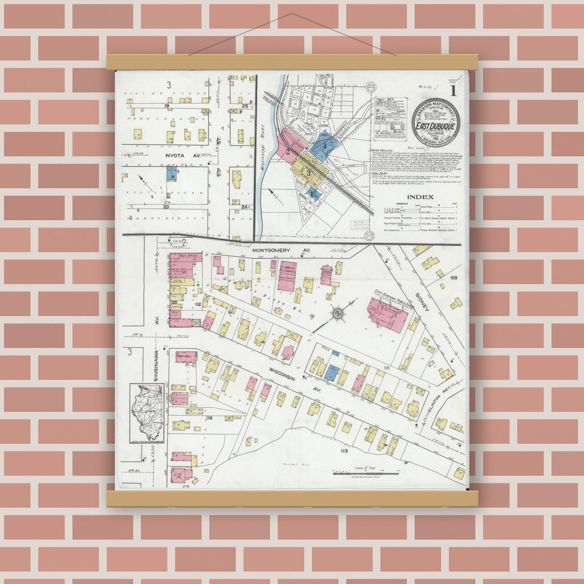 Old map wall art mockup — magnetic wood frame on brick wall — Sanborn Fire Insurance Map from East Dubuque, Jo Daviess County, Illinois (1921) - Complete Map Set