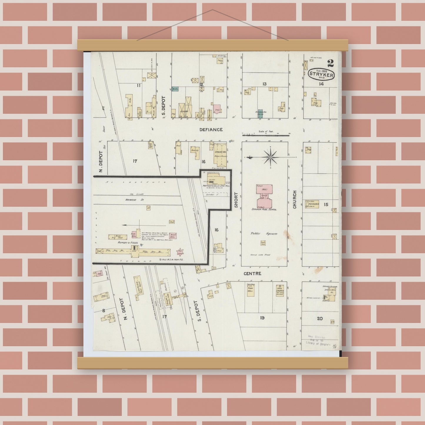 Old map wall art mockup — magnetic wood frame on brick wall — Sanborn Fire Insurance Map from Stryker, Williams County, Ohio (1888), Sheet #0002