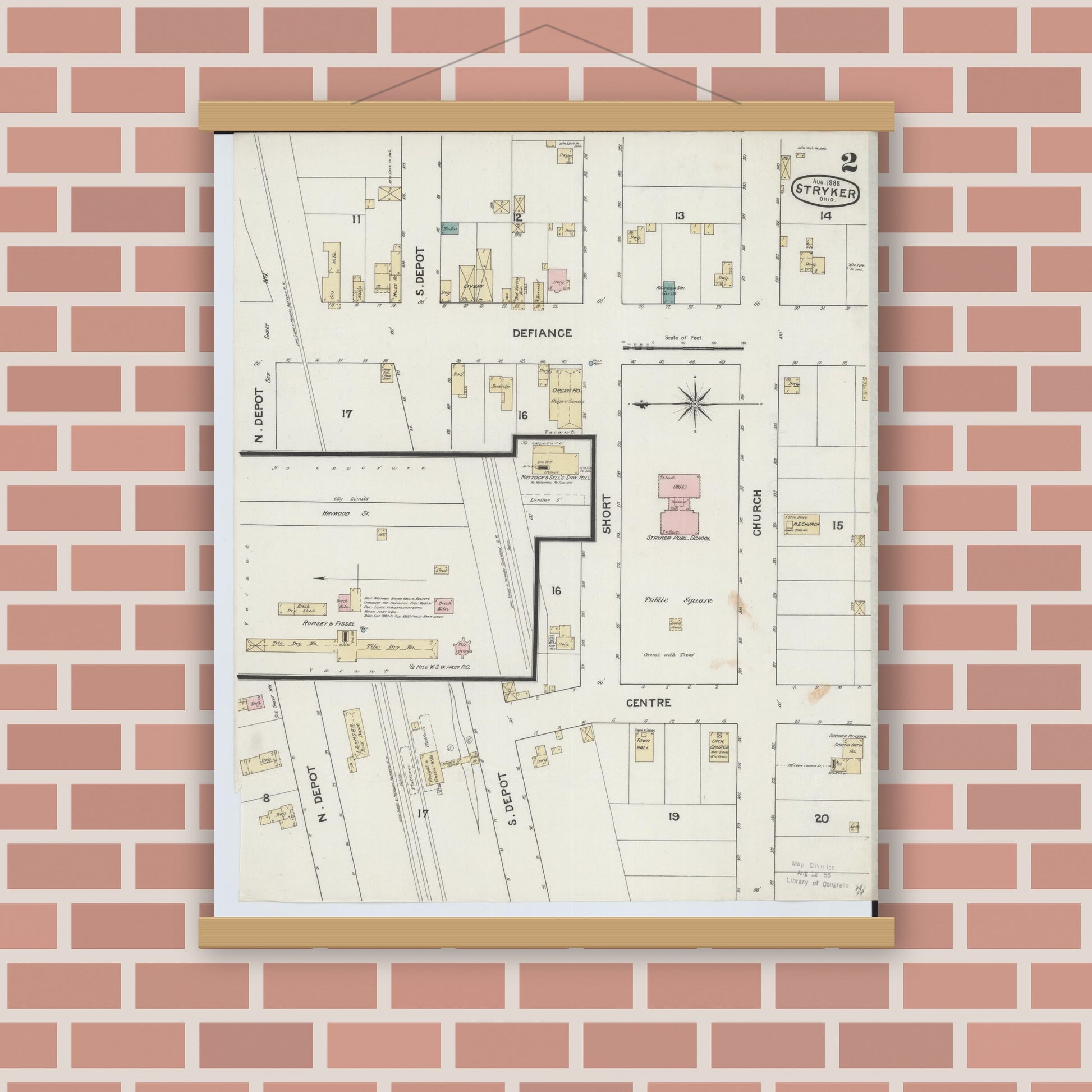 Old map wall art mockup — magnetic wood frame on brick wall — Sanborn Fire Insurance Map from Stryker, Williams County, Ohio (1888), Sheet #0002
