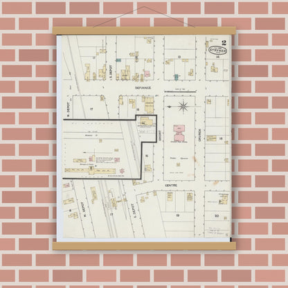 Old map wall art mockup — magnetic wood frame on brick wall — Sanborn Fire Insurance Map from Stryker, Williams County, Ohio (1888), Sheet #0002