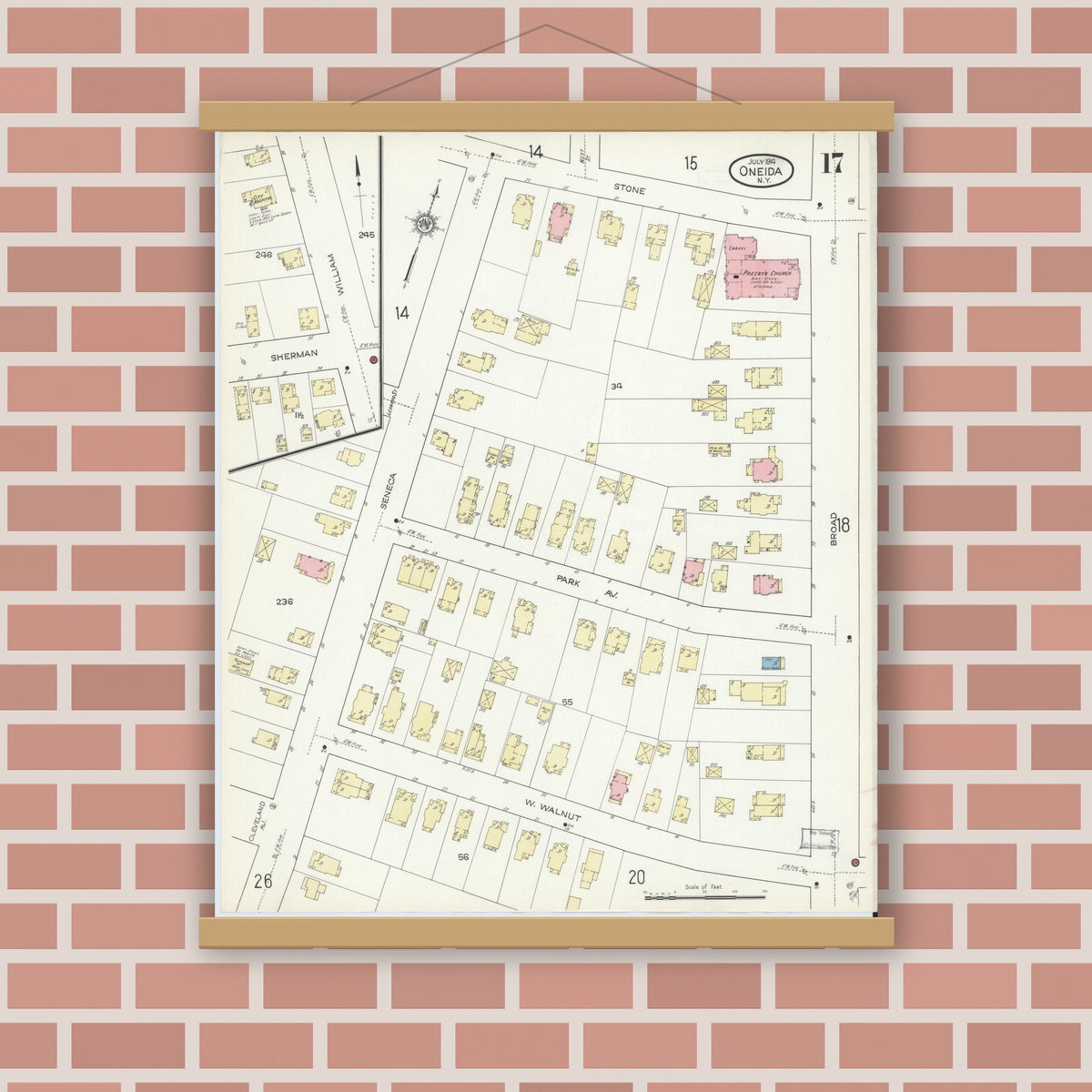 Old map wall art mockup — magnetic wood frame on brick wall — Sanborn Fire Insurance Map from Oneida, Madison County, New York (1914), Sheet #0017