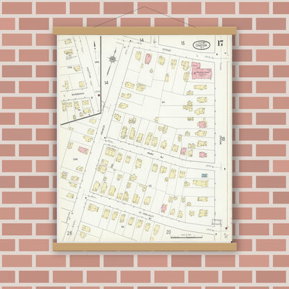Old map wall art mockup — magnetic wood frame on brick wall — Sanborn Fire Insurance Map from Oneida, Madison County, New York (1914), Sheet #0017