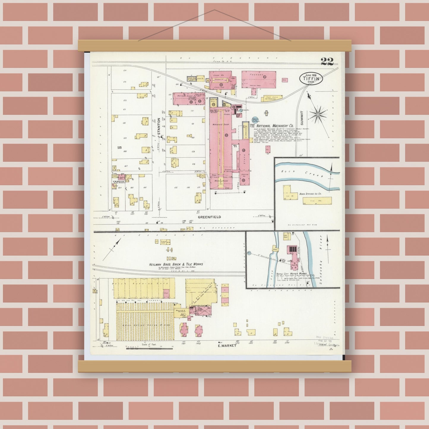 Old map wall art mockup — magnetic wood frame on brick wall — Sanborn Fire Insurance Map from Tiffin, Seneca County, Ohio (1908), Sheet #0022