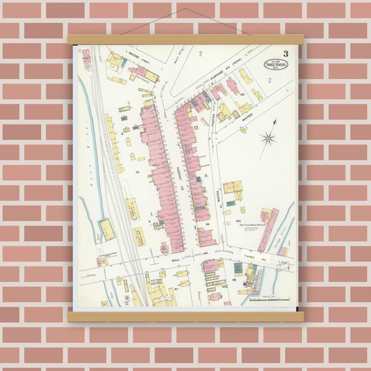 Old map wall art mockup — magnetic wood frame on brick wall — Sanborn Fire Insurance Map from Three Rivers, Saint Joseph County, Michigan (1909), Sheet #0003