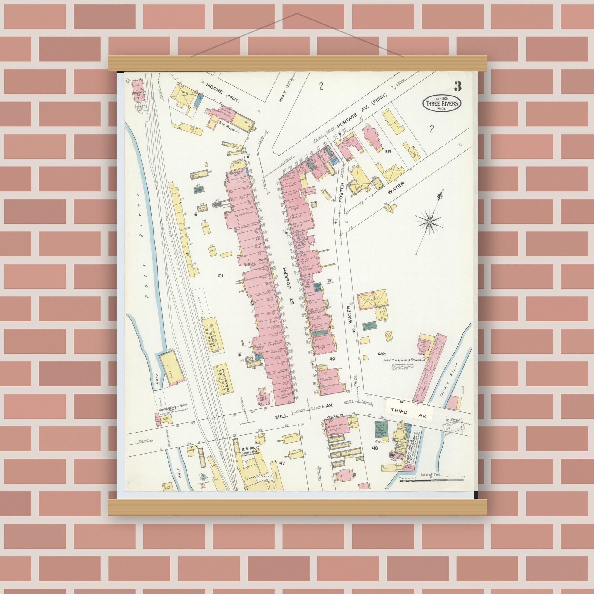 Old map wall art mockup — magnetic wood frame on brick wall — Sanborn Fire Insurance Map from Three Rivers, Saint Joseph County, Michigan (1909), Sheet #0003