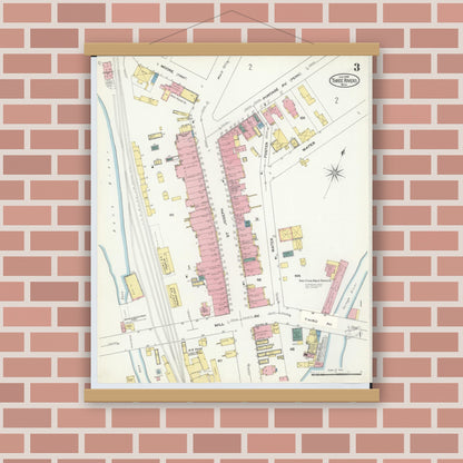 Old map wall art mockup — magnetic wood frame on brick wall — Sanborn Fire Insurance Map from Three Rivers, Saint Joseph County, Michigan (1909), Sheet #0003