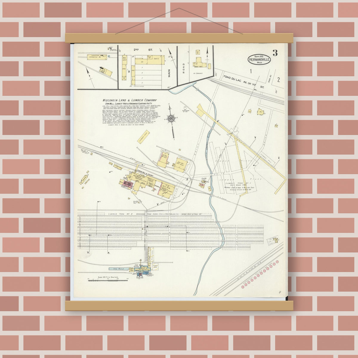 Old map wall art mockup — magnetic wood frame on brick wall — Sanborn Fire Insurance Map from Hermansville, Menominee County, Michigan (1913), Sheet #0003