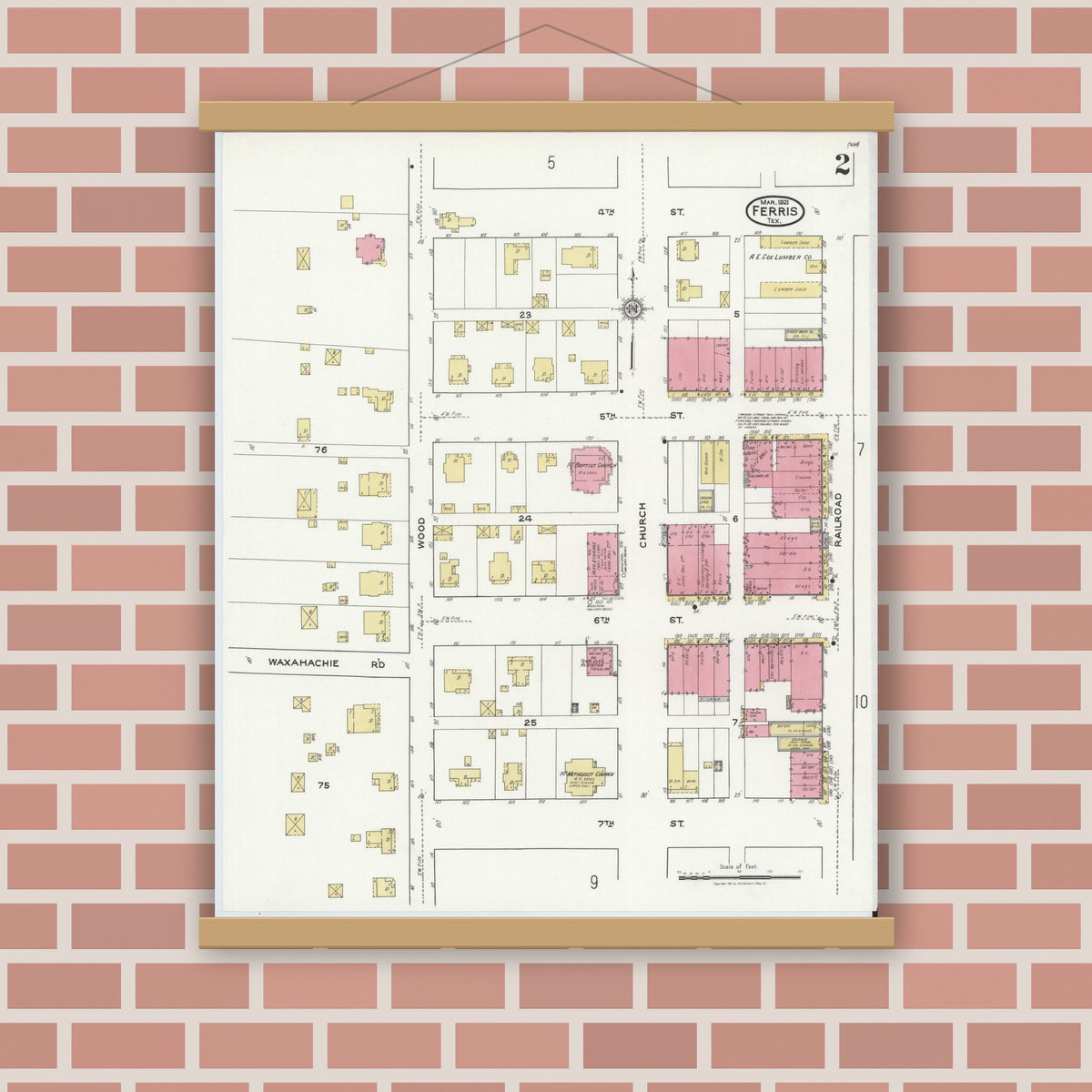 Old map wall art mockup — magnetic wood frame on brick wall — Sanborn Fire Insurance Map from Ferris, Ellis County, Texas (1921), Sheet #0002