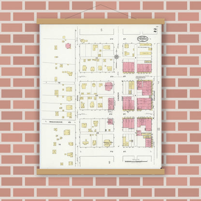 Old map wall art mockup — magnetic wood frame on brick wall — Sanborn Fire Insurance Map from Ferris, Ellis County, Texas (1921), Sheet #0002