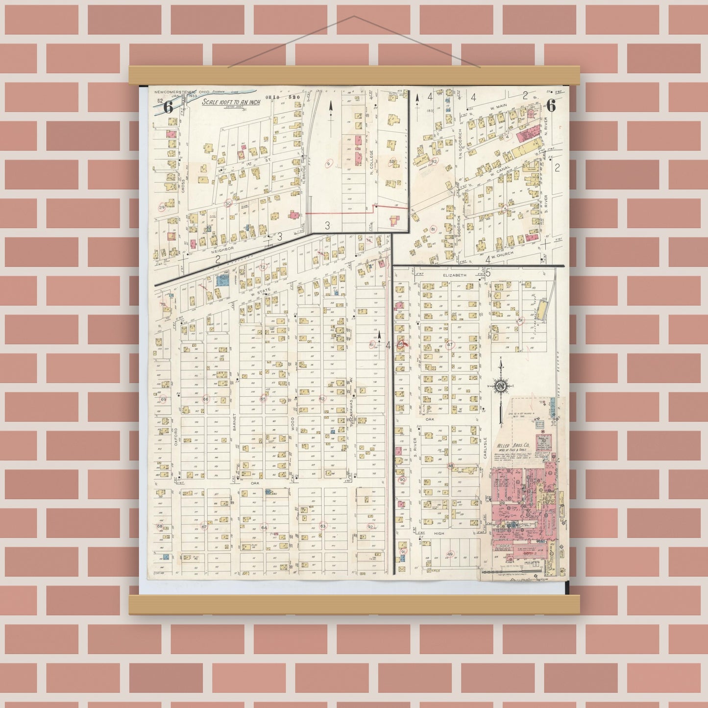 Old map wall art mockup — magnetic wood frame on brick wall — Sanborn Fire Insurance Map from Newcomerstown, Tuscarawas County, Ohio (1933), Sheet #0006