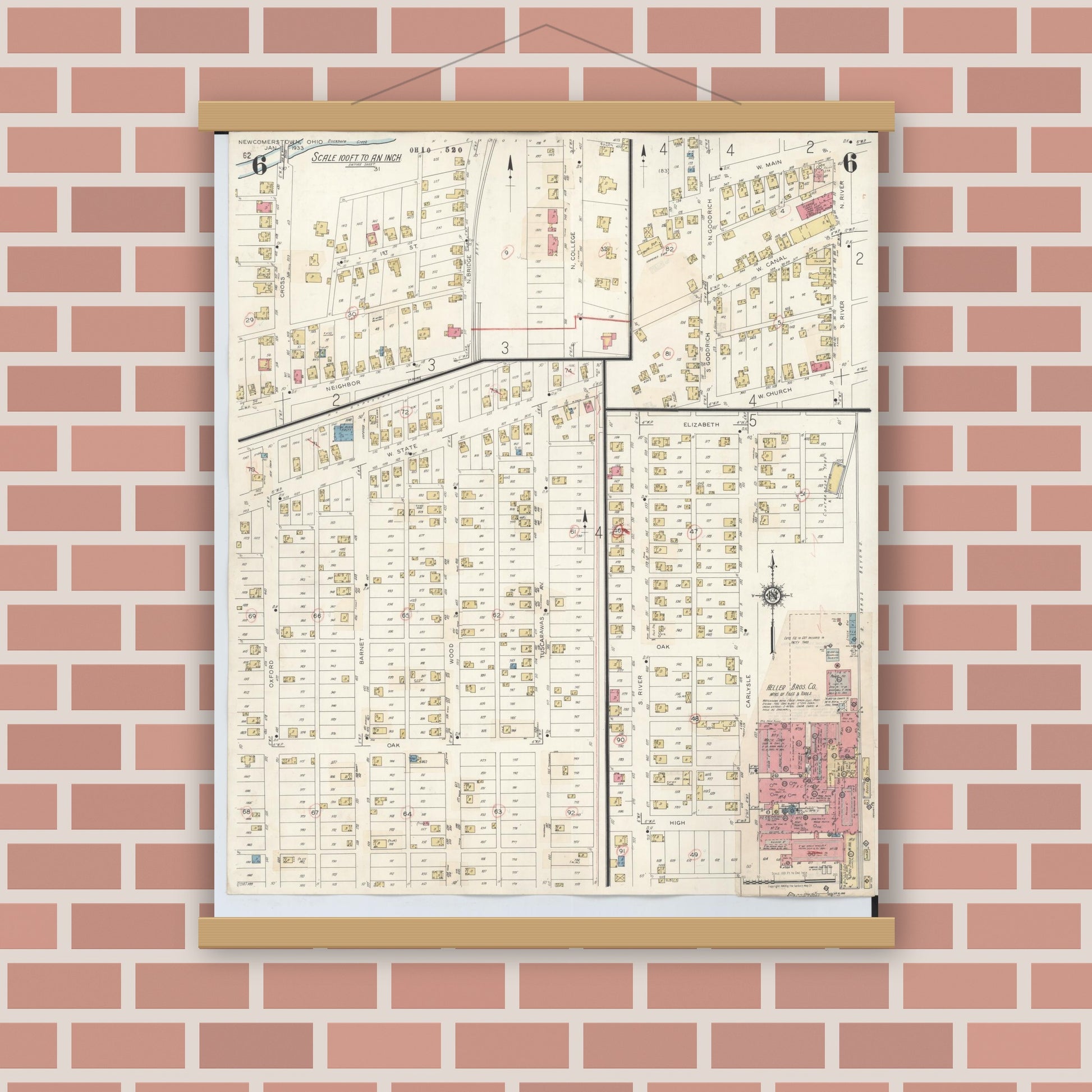 Old map wall art mockup — magnetic wood frame on brick wall — Sanborn Fire Insurance Map from Newcomerstown, Tuscarawas County, Ohio (1933), Sheet #0006