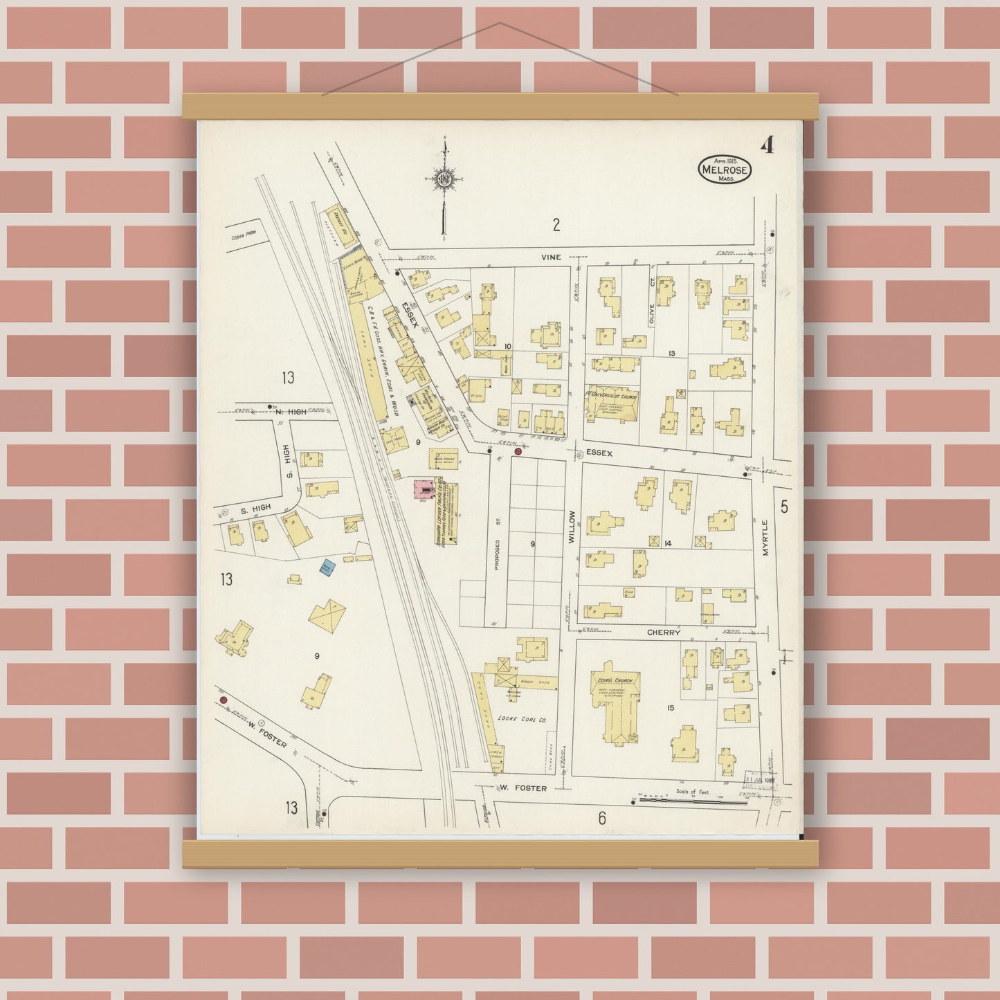 Old map wall art mockup — magnetic wood frame on brick wall — Sanborn Fire Insurance Map from Melrose, Middlesex County, Massachusetts (1915), Sheet #0004