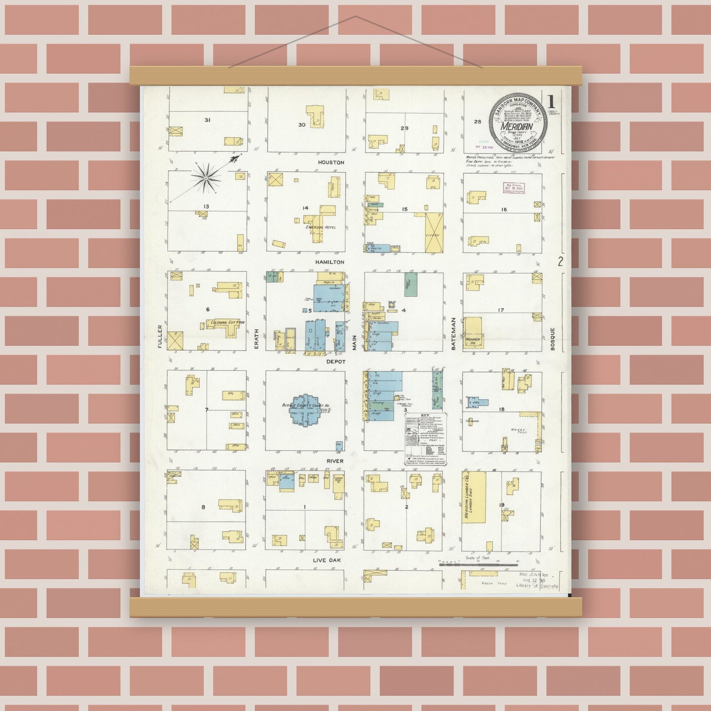 Old map wall art mockup — magnetic wood frame on brick wall — Sanborn Fire Insurance Map from Meridian, Bosque County, Texas (1909), Sheet #0001