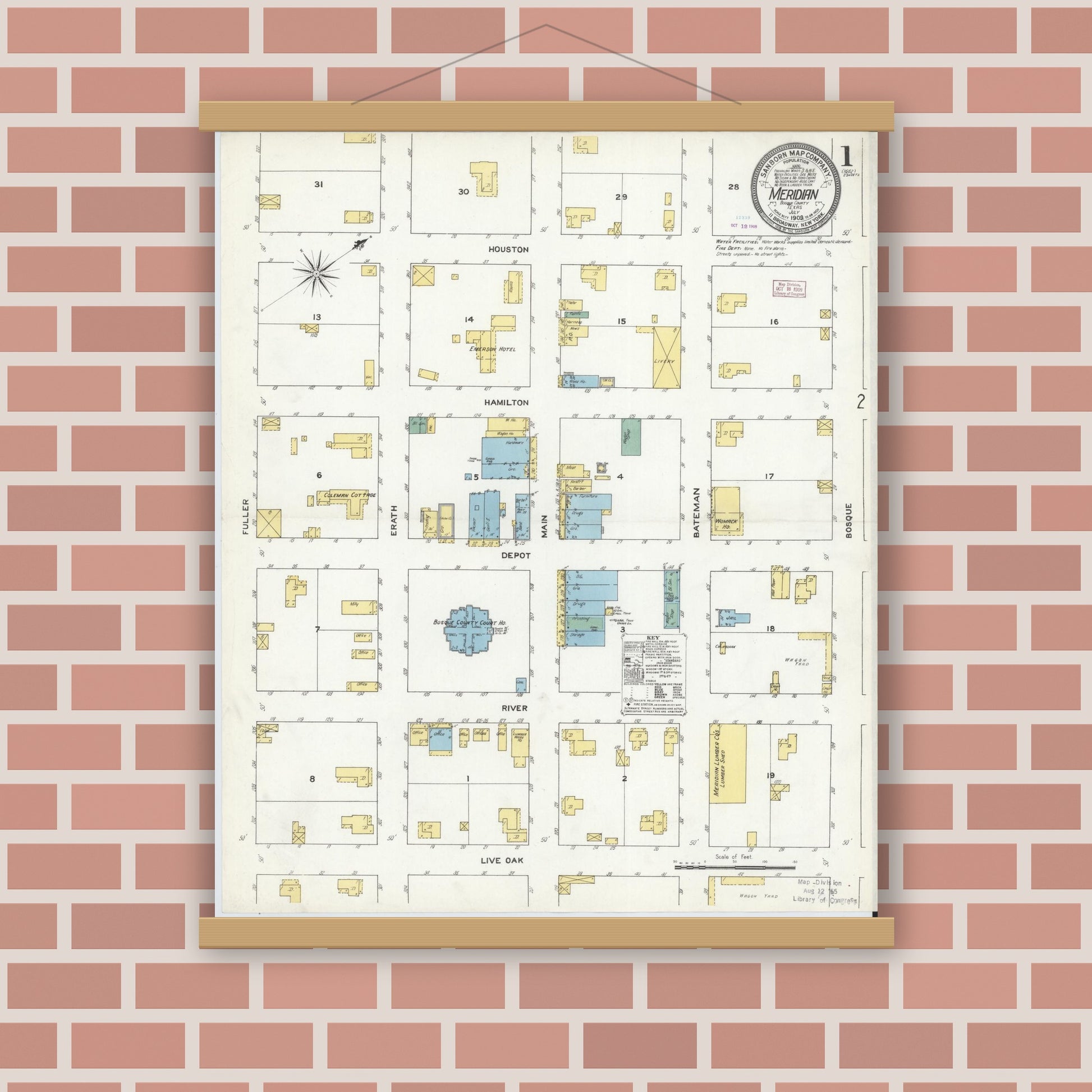 Old map wall art mockup — magnetic wood frame on brick wall — Sanborn Fire Insurance Map from Meridian, Bosque County, Texas (1909), Sheet #0001