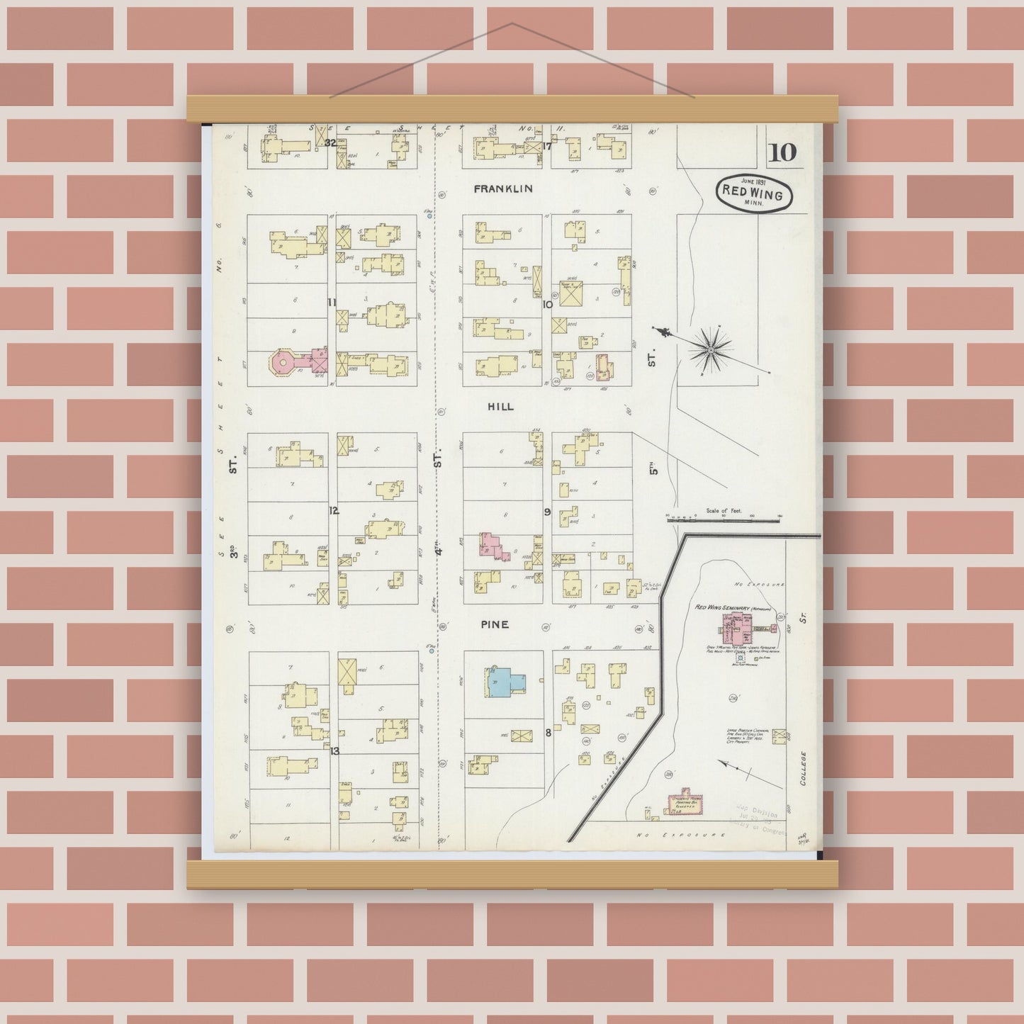 Old map wall art mockup — magnetic wood frame on brick wall — Sanborn Fire Insurance Map from Red Wing, Goodhue County, Minnesota (1891), Sheet #0010