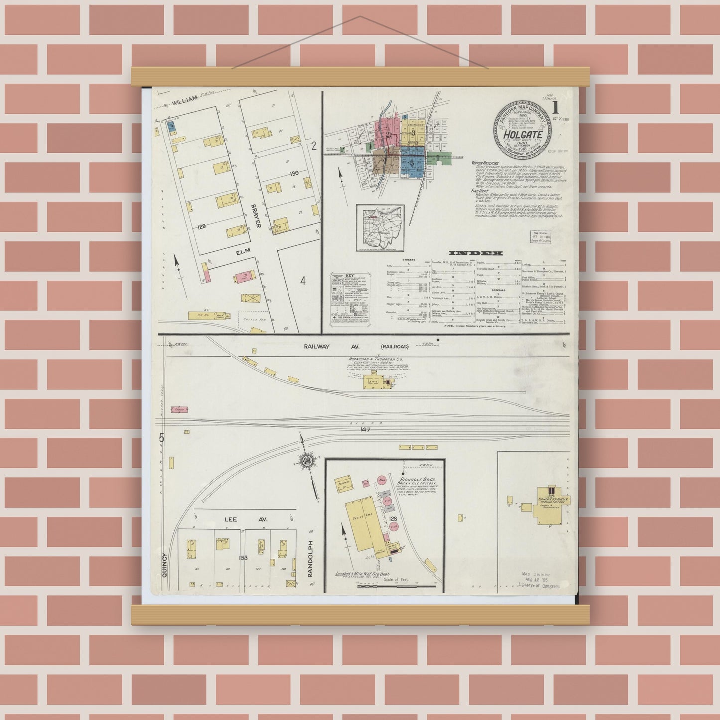 Old map wall art mockup — magnetic wood frame on brick wall — Sanborn Fire Insurance Map from Holgate, Henry County, Ohio (1916), Sheet #0001